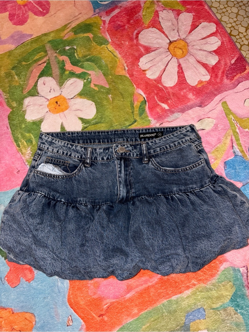 Blank NYC Acid Wash Denim Ruffle Mini Skirt